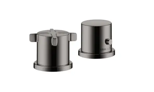 Zwei Armaturenköpfe aus glänzendem schwarzen Chrom, designed von AXOR. Einer mit Kreuzgriff und der andere mit einem Drehknopf zur Temperatureinstellung.